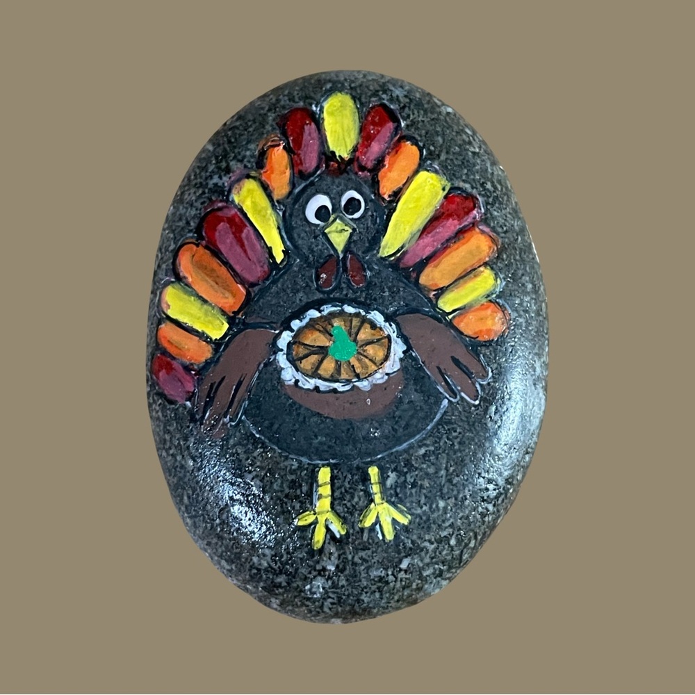 Hand crafted painted Thanksgiving turkey pumpkin pie rock natural stone orange - Picture 4 of 12